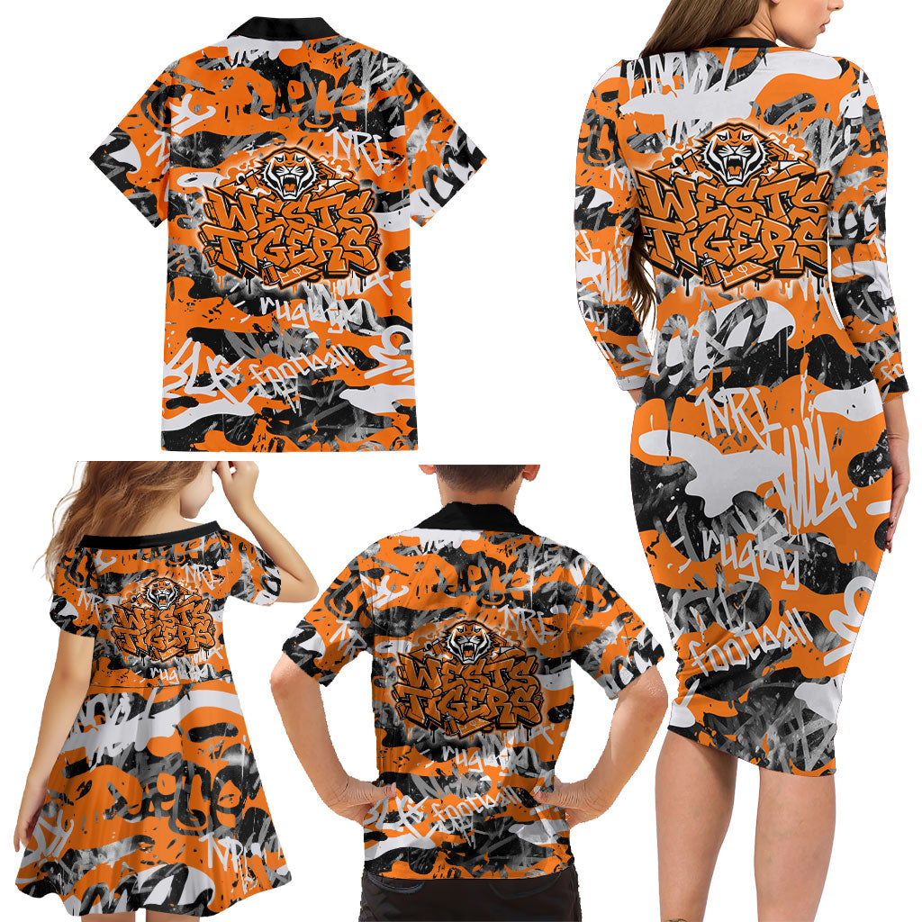Wests Tigers Rugby Family Matching Long Sleeve Bodycon Dress and Hawaiian Shirt Graffiti Typography Urban Camo Abstract Street Style