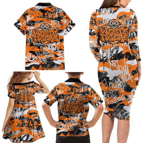 Wests Tigers Rugby Family Matching Long Sleeve Bodycon Dress and Hawaiian Shirt Graffiti Typography Urban Camo Abstract Street Style