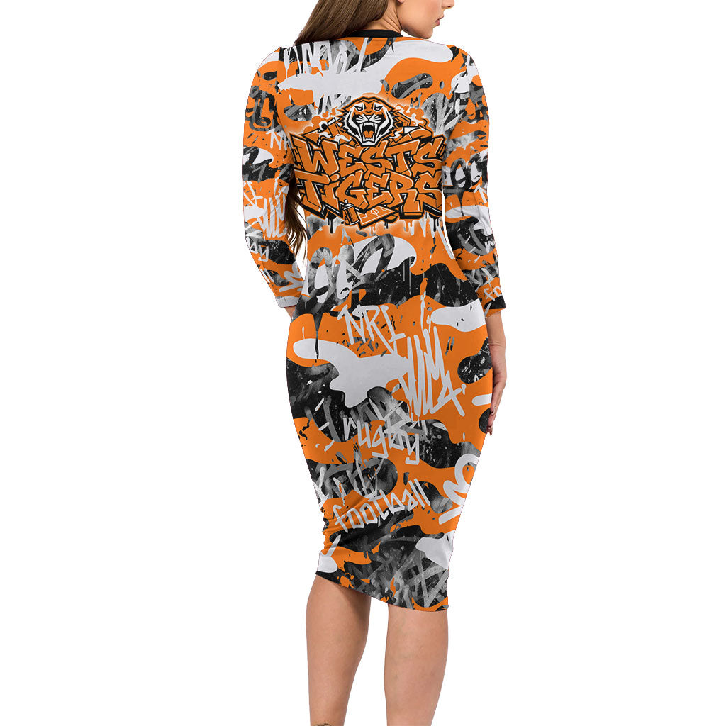 Wests Tigers Rugby Family Matching Long Sleeve Bodycon Dress and Hawaiian Shirt Graffiti Typography Urban Camo Abstract Street Style