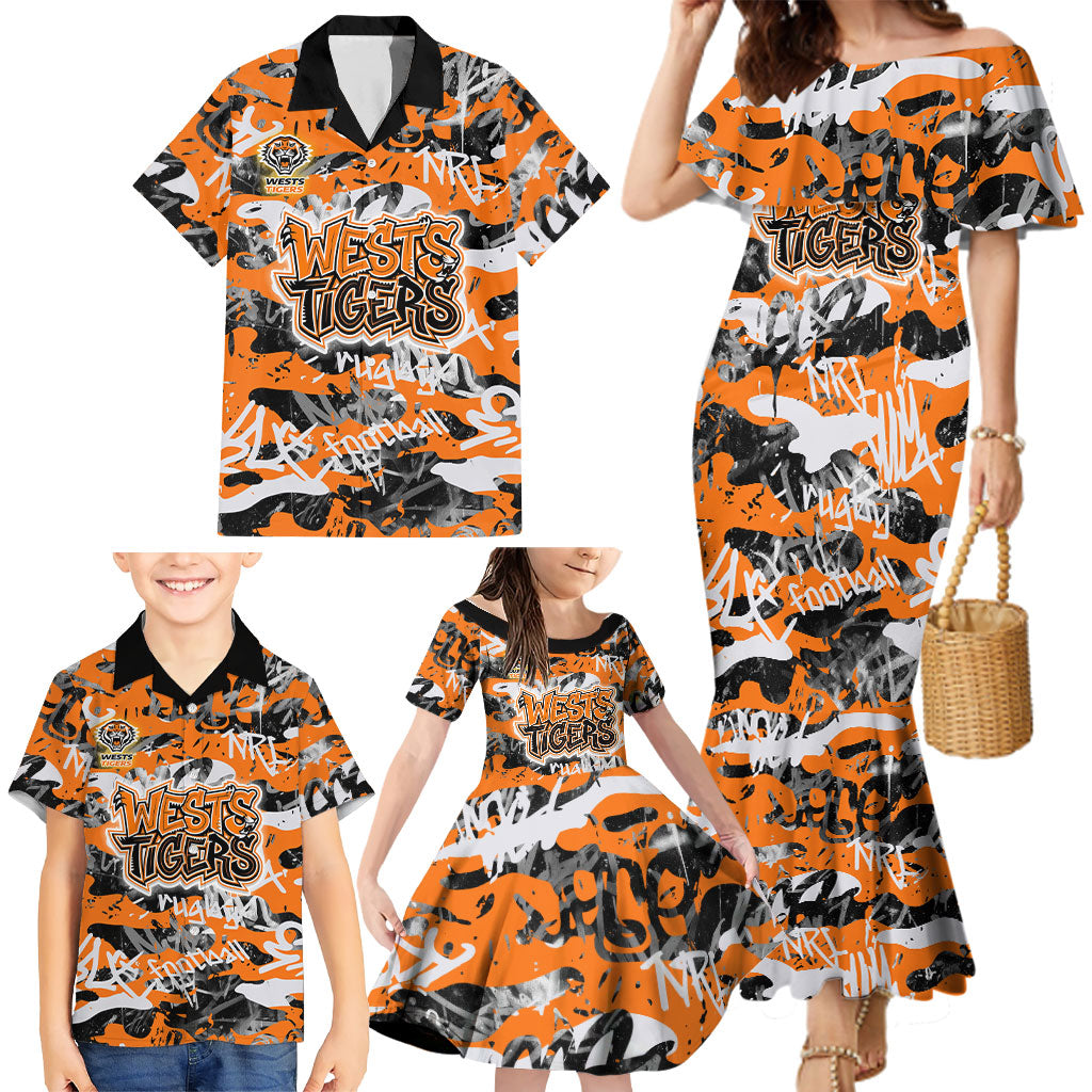 Wests Tigers Rugby Family Matching Mermaid Dress and Hawaiian Shirt Graffiti Typography Urban Camo Abstract Street Style