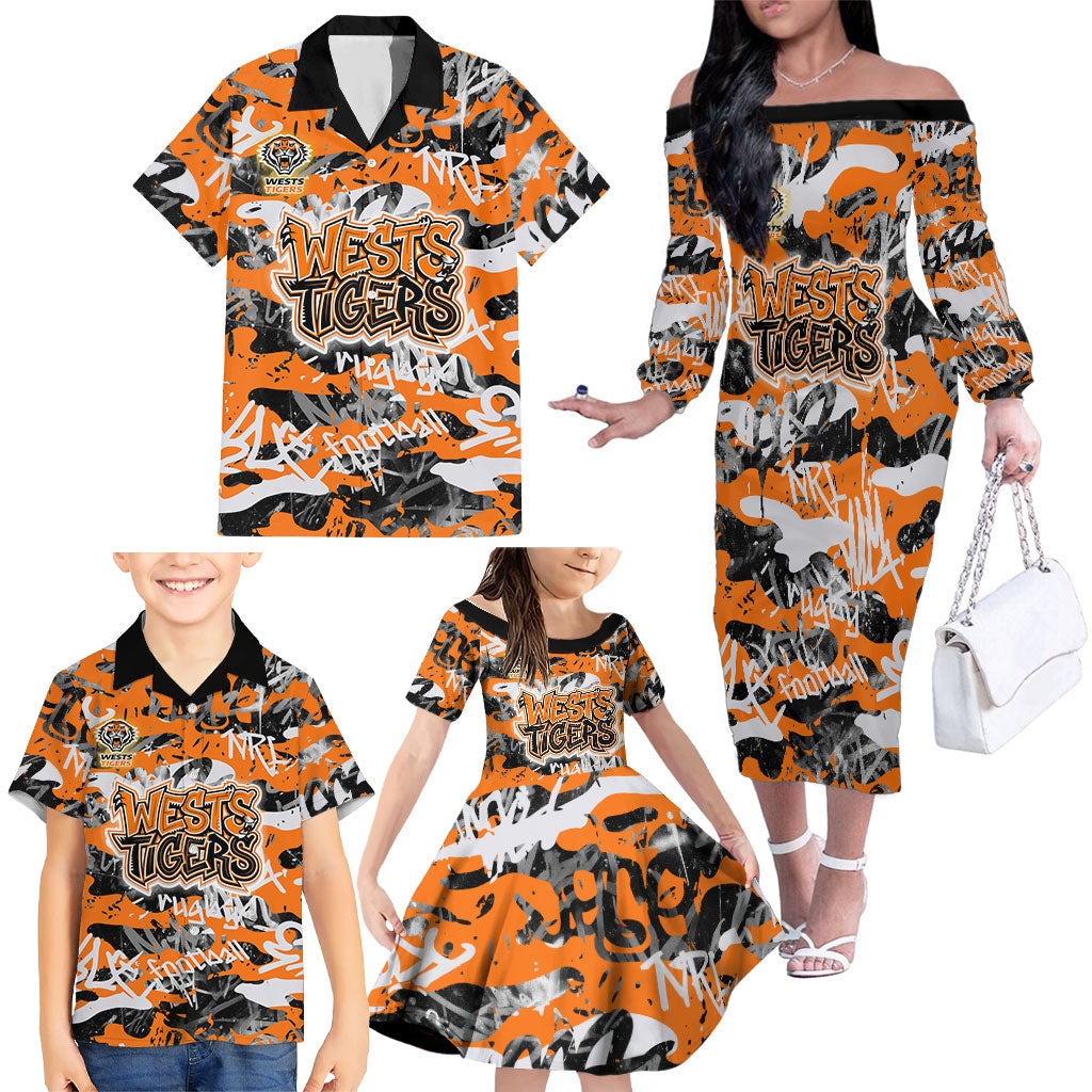 Wests Tigers Rugby Family Matching Off The Shoulder Long Sleeve Dress and Hawaiian Shirt Graffiti Typography Urban Camo Abstract Street Style