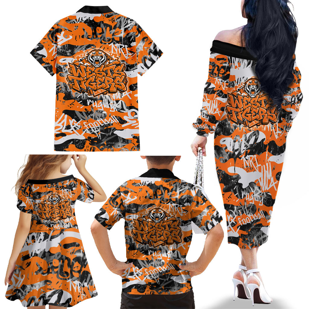 Wests Tigers Rugby Family Matching Off The Shoulder Long Sleeve Dress and Hawaiian Shirt Graffiti Typography Urban Camo Abstract Street Style