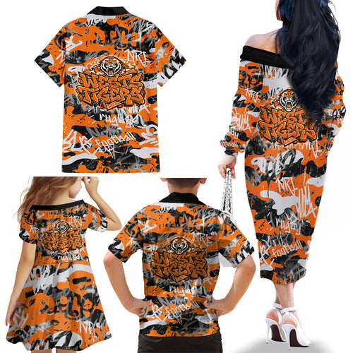 Wests Tigers Rugby Family Matching Off The Shoulder Long Sleeve Dress and Hawaiian Shirt Graffiti Typography Urban Camo Abstract Street Style