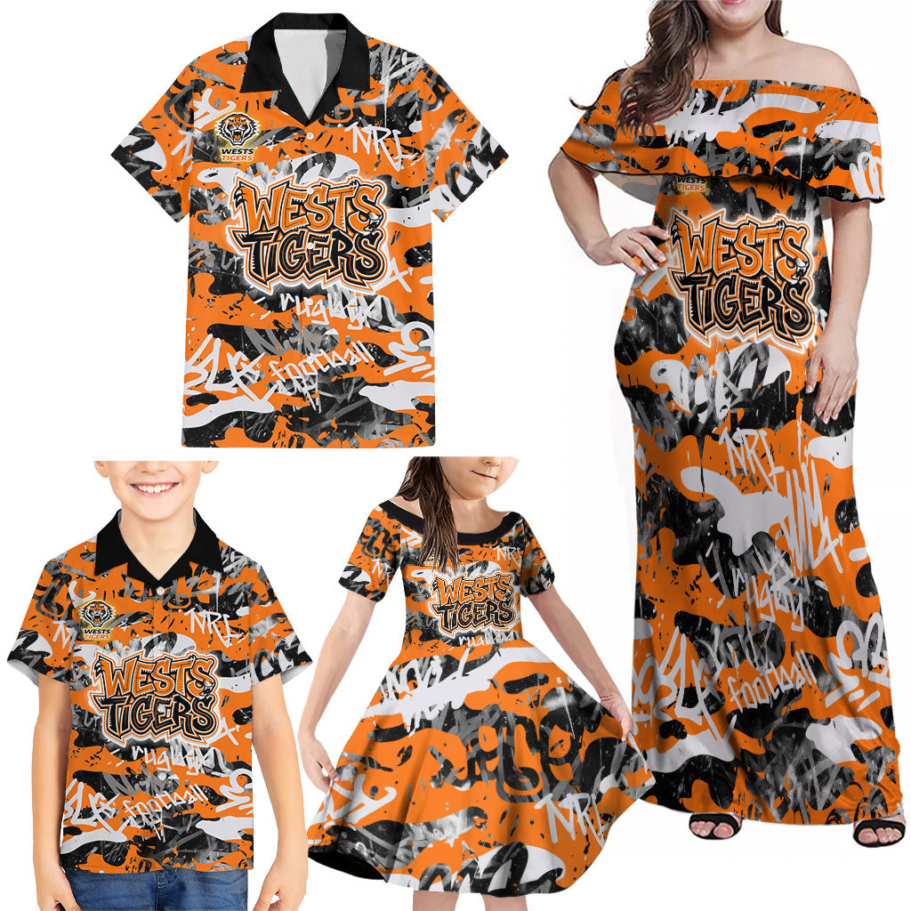 Wests Tigers Rugby Family Matching Off Shoulder Maxi Dress and Hawaiian Shirt Graffiti Typography Urban Camo Abstract Street Style
