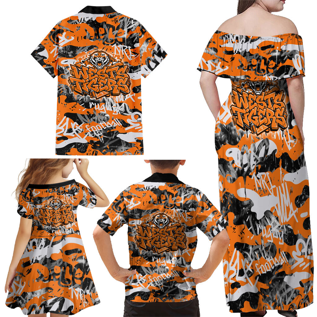 Wests Tigers Rugby Family Matching Off Shoulder Maxi Dress and Hawaiian Shirt Graffiti Typography Urban Camo Abstract Street Style