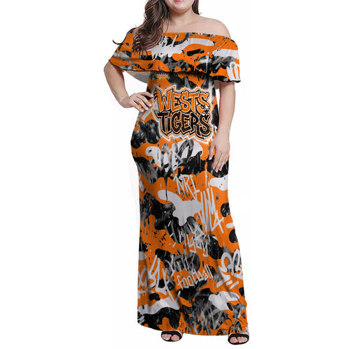 Wests Tigers Rugby Family Matching Off Shoulder Maxi Dress and Hawaiian Shirt Graffiti Typography Urban Camo Abstract Street Style