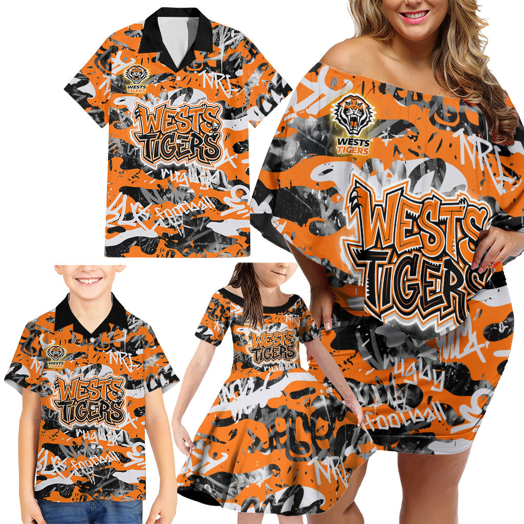 Wests Tigers Rugby Family Matching Off Shoulder Short Dress and Hawaiian Shirt Graffiti Typography Urban Camo Abstract Street Style