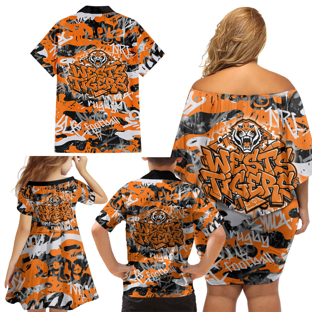 Wests Tigers Rugby Family Matching Off Shoulder Short Dress and Hawaiian Shirt Graffiti Typography Urban Camo Abstract Street Style