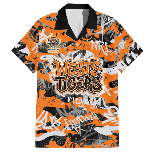 Wests Tigers Rugby Family Matching Off Shoulder Short Dress and Hawaiian Shirt Graffiti Typography Urban Camo Abstract Street Style