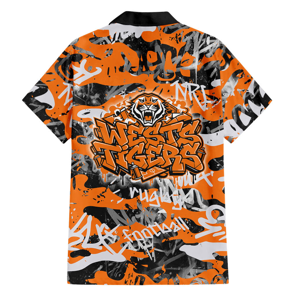 Wests Tigers Rugby Family Matching Off Shoulder Short Dress and Hawaiian Shirt Graffiti Typography Urban Camo Abstract Street Style