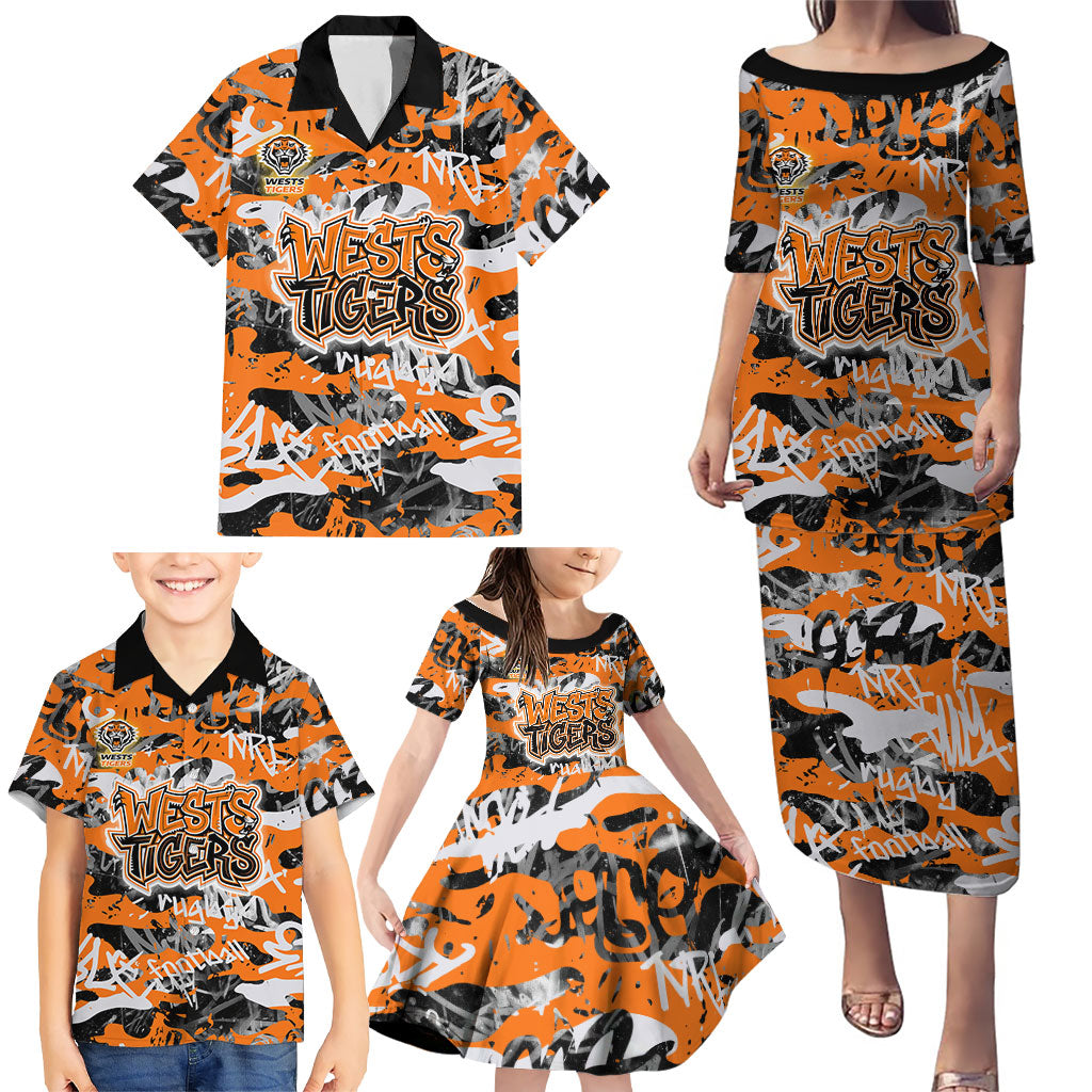 Wests Tigers Rugby Family Matching Puletasi and Hawaiian Shirt Graffiti Typography Urban Camo Abstract Street Style