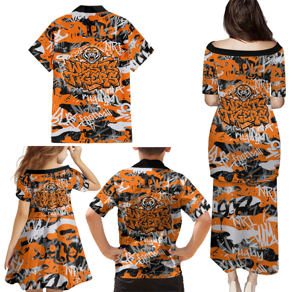 Wests Tigers Rugby Family Matching Puletasi and Hawaiian Shirt Graffiti Typography Urban Camo Abstract Street Style