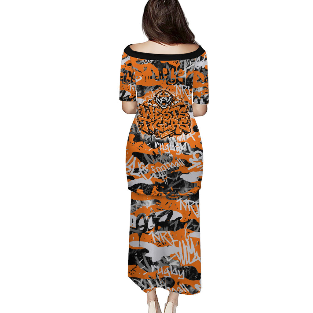 Wests Tigers Rugby Family Matching Puletasi and Hawaiian Shirt Graffiti Typography Urban Camo Abstract Street Style