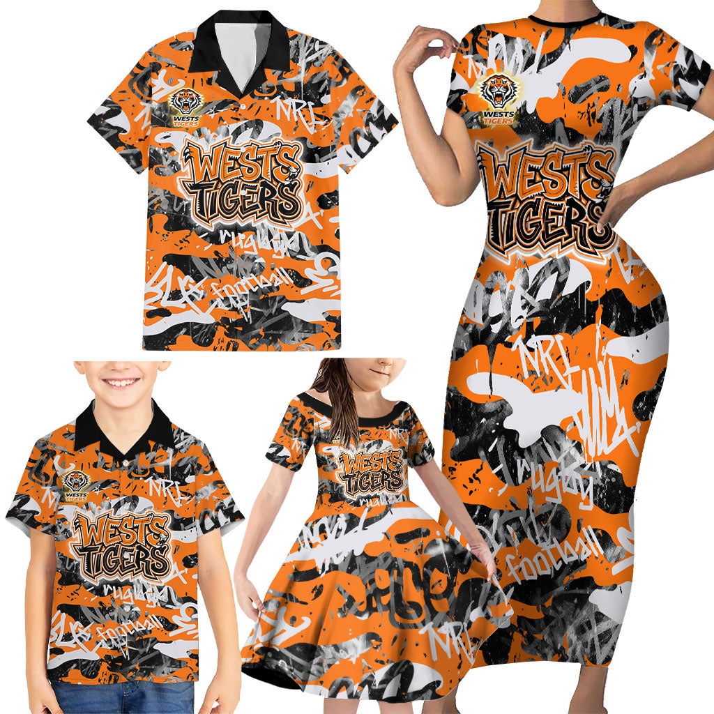 Wests Tigers Rugby Family Matching Short Sleeve Bodycon Dress and Hawaiian Shirt Graffiti Typography Urban Camo Abstract Street Style