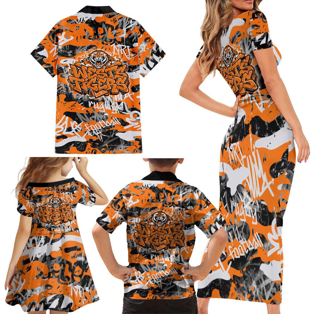 Wests Tigers Rugby Family Matching Short Sleeve Bodycon Dress and Hawaiian Shirt Graffiti Typography Urban Camo Abstract Street Style