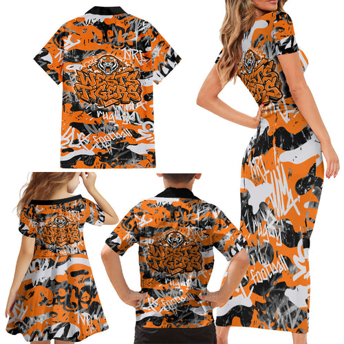 Wests Tigers Rugby Family Matching Short Sleeve Bodycon Dress and Hawaiian Shirt Graffiti Typography Urban Camo Abstract Street Style