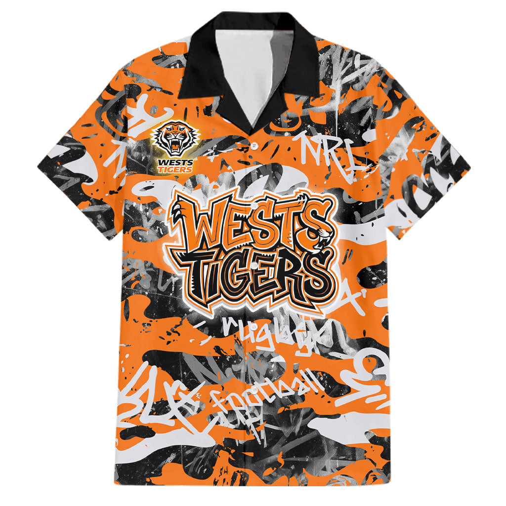 Wests Tigers Rugby Family Matching Short Sleeve Bodycon Dress and Hawaiian Shirt Graffiti Typography Urban Camo Abstract Street Style
