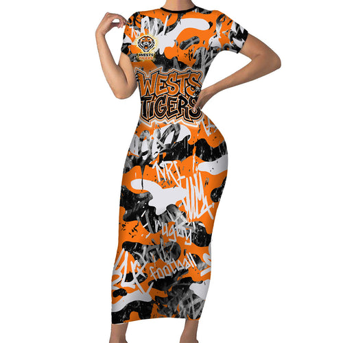 Wests Tigers Rugby Family Matching Short Sleeve Bodycon Dress and Hawaiian Shirt Graffiti Typography Urban Camo Abstract Street Style