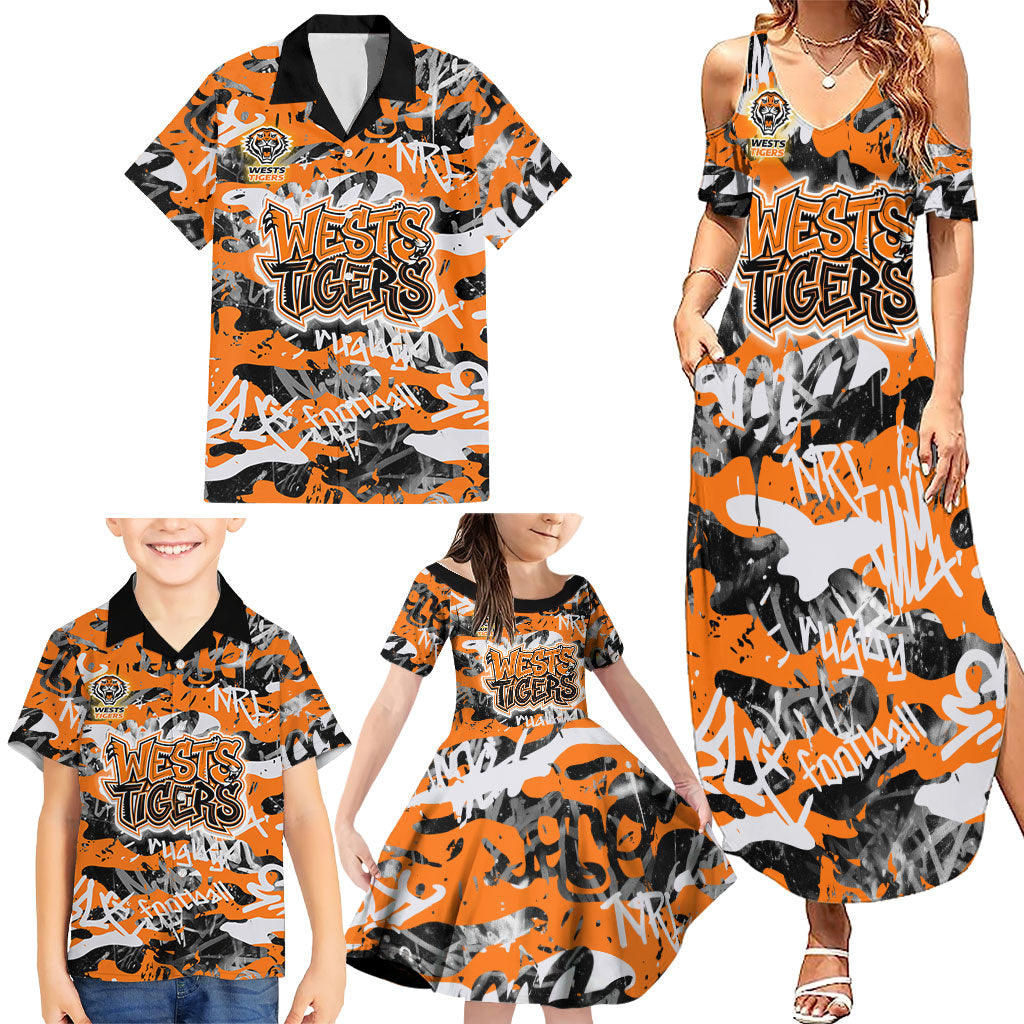 Wests Tigers Rugby Family Matching Summer Maxi Dress and Hawaiian Shirt Graffiti Typography Urban Camo Abstract Street Style