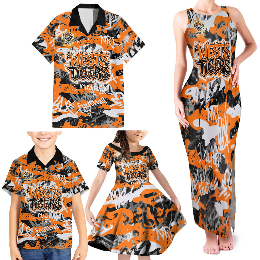 Wests Tigers Rugby Family Matching Tank Maxi Dress and Hawaiian Shirt Graffiti Typography Urban Camo Abstract Street Style