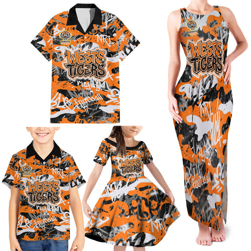Wests Tigers Rugby Family Matching Tank Maxi Dress and Hawaiian Shirt Graffiti Typography Urban Camo Abstract Street Style