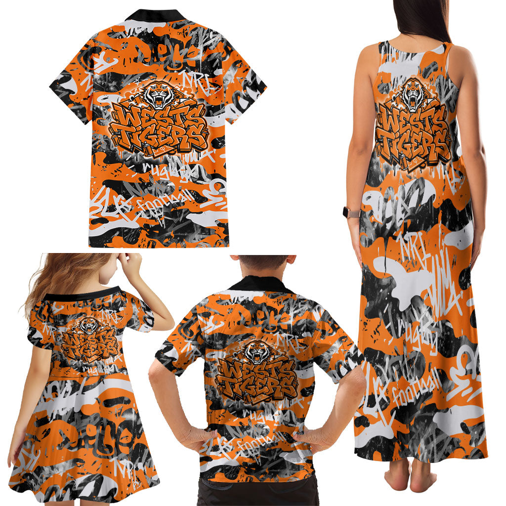 Wests Tigers Rugby Family Matching Tank Maxi Dress and Hawaiian Shirt Graffiti Typography Urban Camo Abstract Street Style