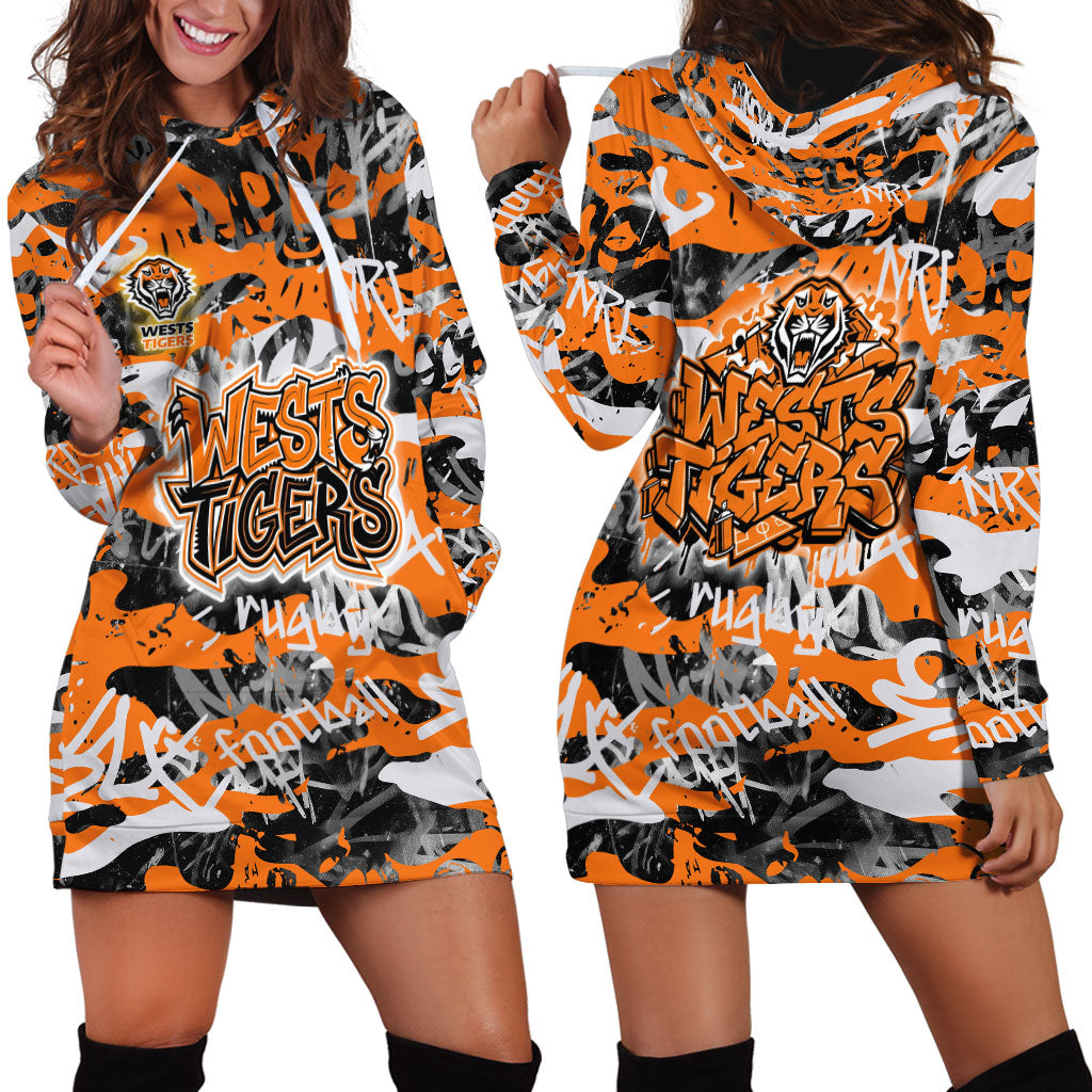 Wests Tigers Rugby Hoodie Dress Graffiti Typography Urban Camo Abstract Street Style