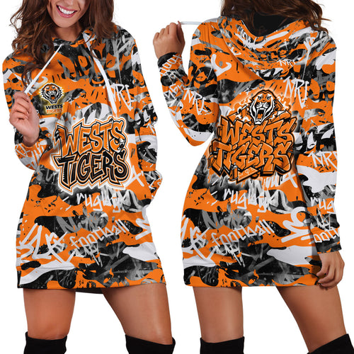 Wests Tigers Rugby Hoodie Dress Graffiti Typography Urban Camo Abstract Street Style