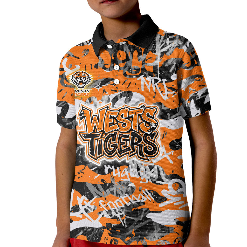 Wests Tigers Rugby Kid Polo Shirt Graffiti Typography Urban Camo Abstract Street Style