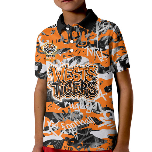 Wests Tigers Rugby Kid Polo Shirt Graffiti Typography Urban Camo Abstract Street Style