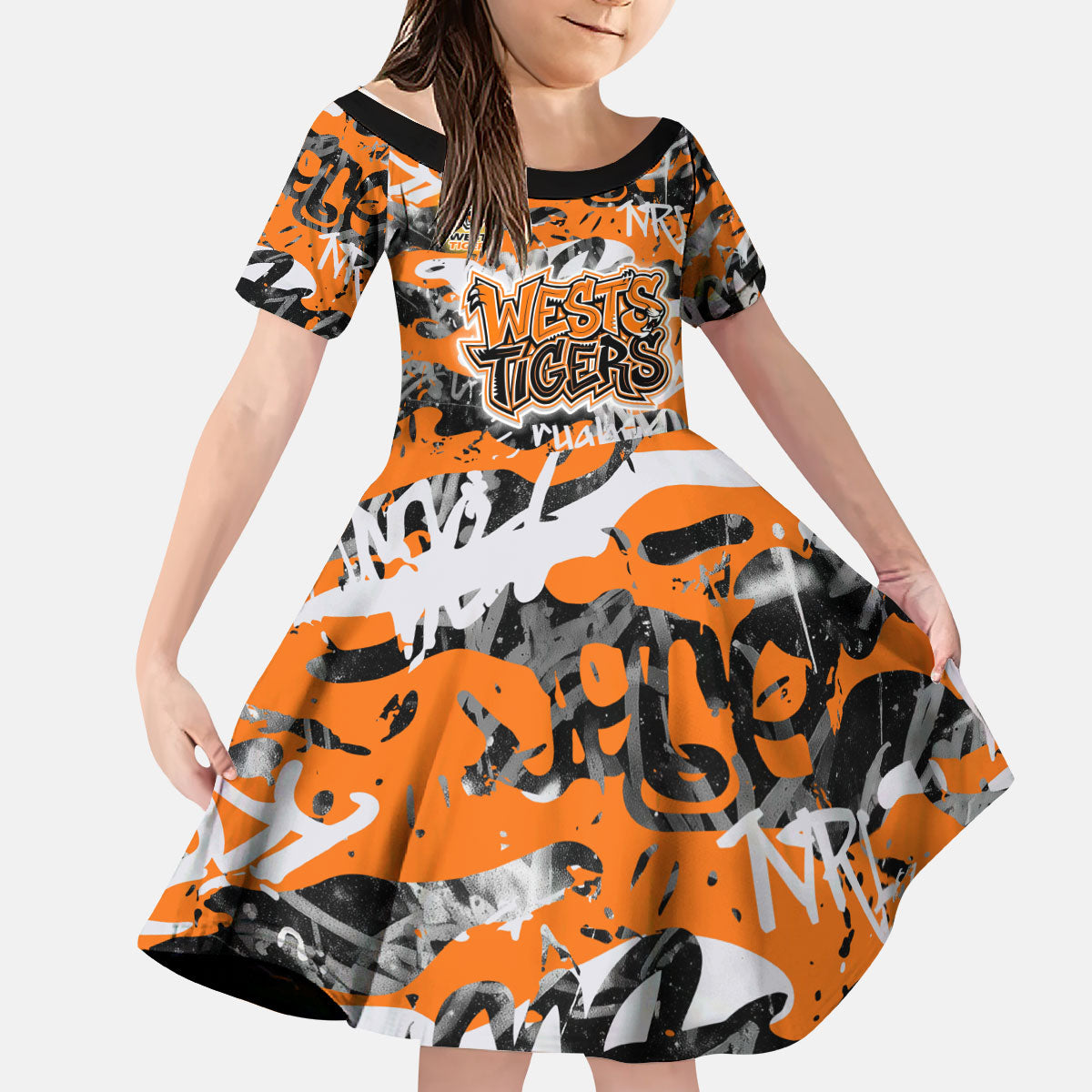 Wests Tigers Rugby Kid Short Sleeve Dress Graffiti Typography Urban Camo Abstract Street Style