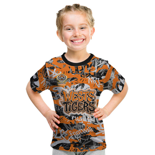 Wests Tigers Rugby Kid T Shirt Graffiti Typography Urban Camo Abstract Street Style