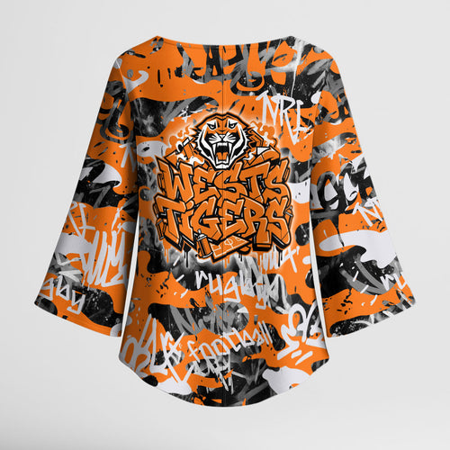 Wests Tigers Rugby Kimono Sleeve Blouse Graffiti Typography Urban Camo Abstract Street Style