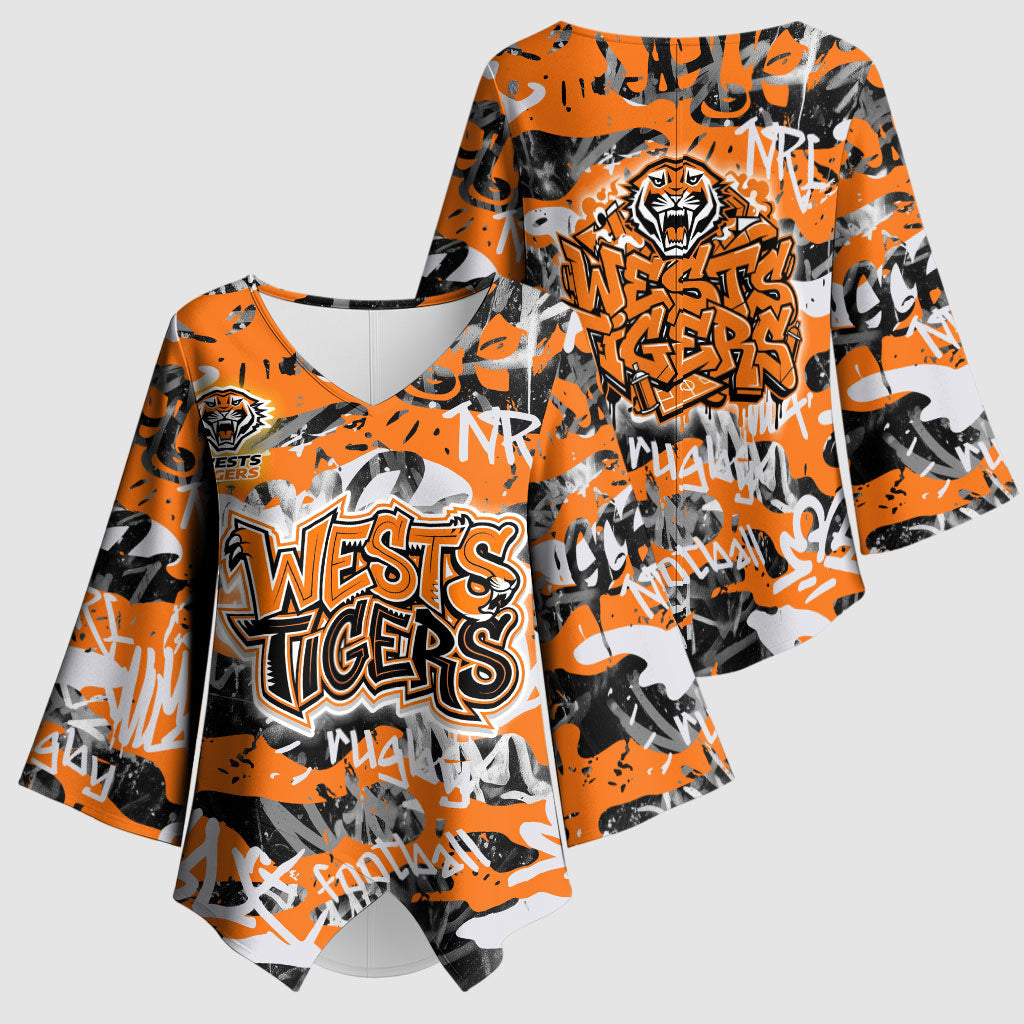 Wests Tigers Rugby Kimono Sleeve Blouse Graffiti Typography Urban Camo Abstract Street Style