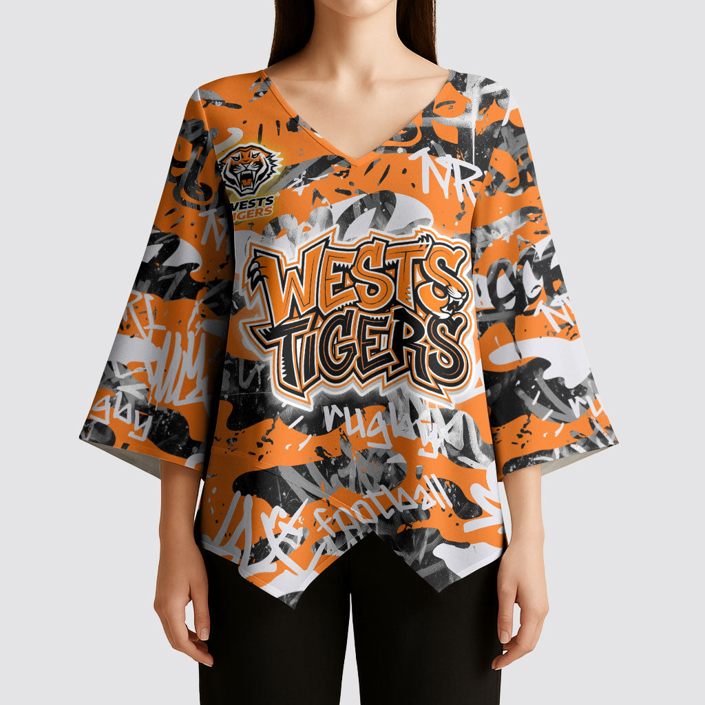 Wests Tigers Rugby Kimono Sleeve Blouse Graffiti Typography Urban Camo Abstract Street Style