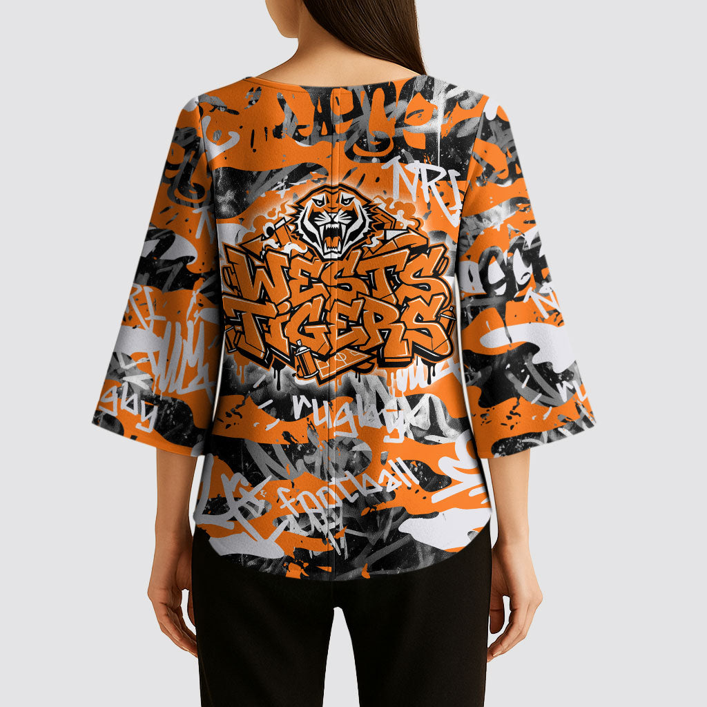 Wests Tigers Rugby Kimono Sleeve Blouse Graffiti Typography Urban Camo Abstract Street Style