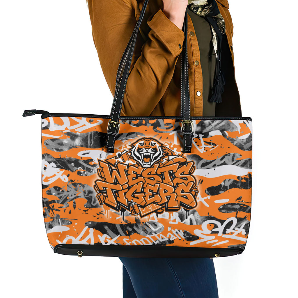 Wests Tigers Rugby Leather Tote Bag Graffiti Typography Urban Camo Abstract Street Style