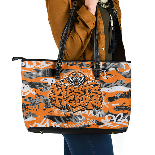 Wests Tigers Rugby Leather Tote Bag Graffiti Typography Urban Camo Abstract Street Style