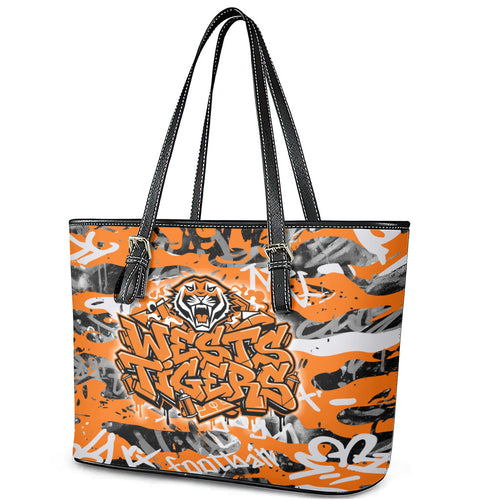 Wests Tigers Rugby Leather Tote Bag Graffiti Typography Urban Camo Abstract Street Style