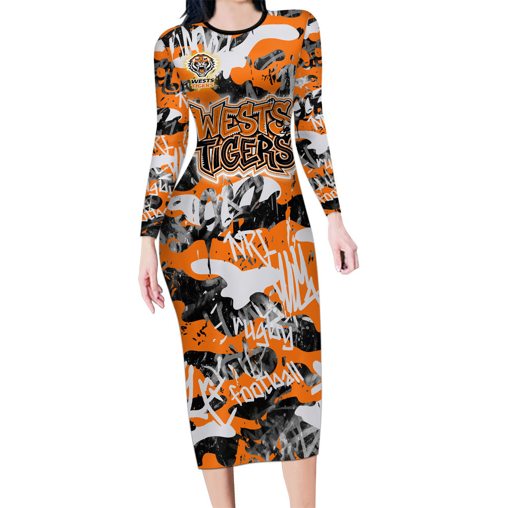 Wests Tigers Rugby Long Sleeve Bodycon Dress Graffiti Typography Urban Camo Abstract Street Style