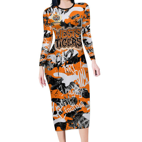 Wests Tigers Rugby Long Sleeve Bodycon Dress Graffiti Typography Urban Camo Abstract Street Style
