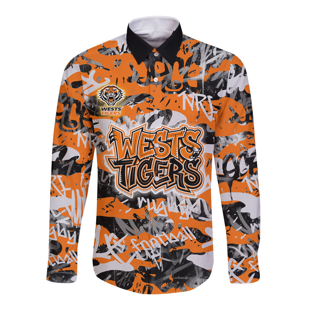 Wests Tigers Rugby Long Sleeve Button Shirt Graffiti Typography Urban Camo Abstract Street Style