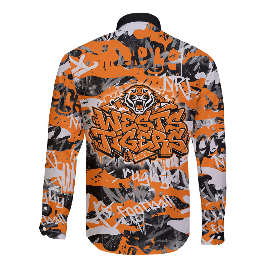 Wests Tigers Rugby Long Sleeve Button Shirt Graffiti Typography Urban Camo Abstract Street Style