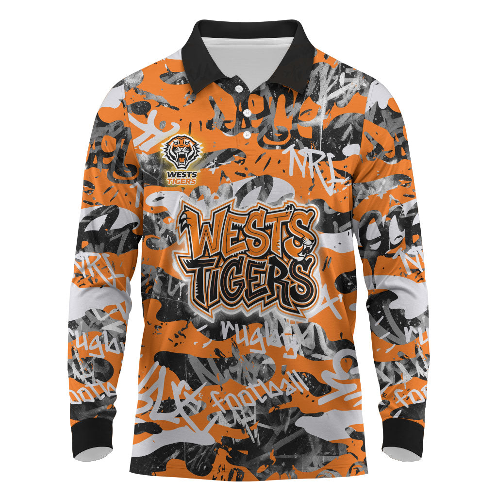 Wests Tigers Rugby Long Sleeve Polo Shirt Graffiti Typography Urban Camo Abstract Street Style
