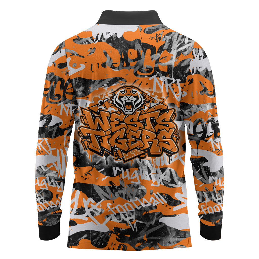 Wests Tigers Rugby Long Sleeve Polo Shirt Graffiti Typography Urban Camo Abstract Street Style