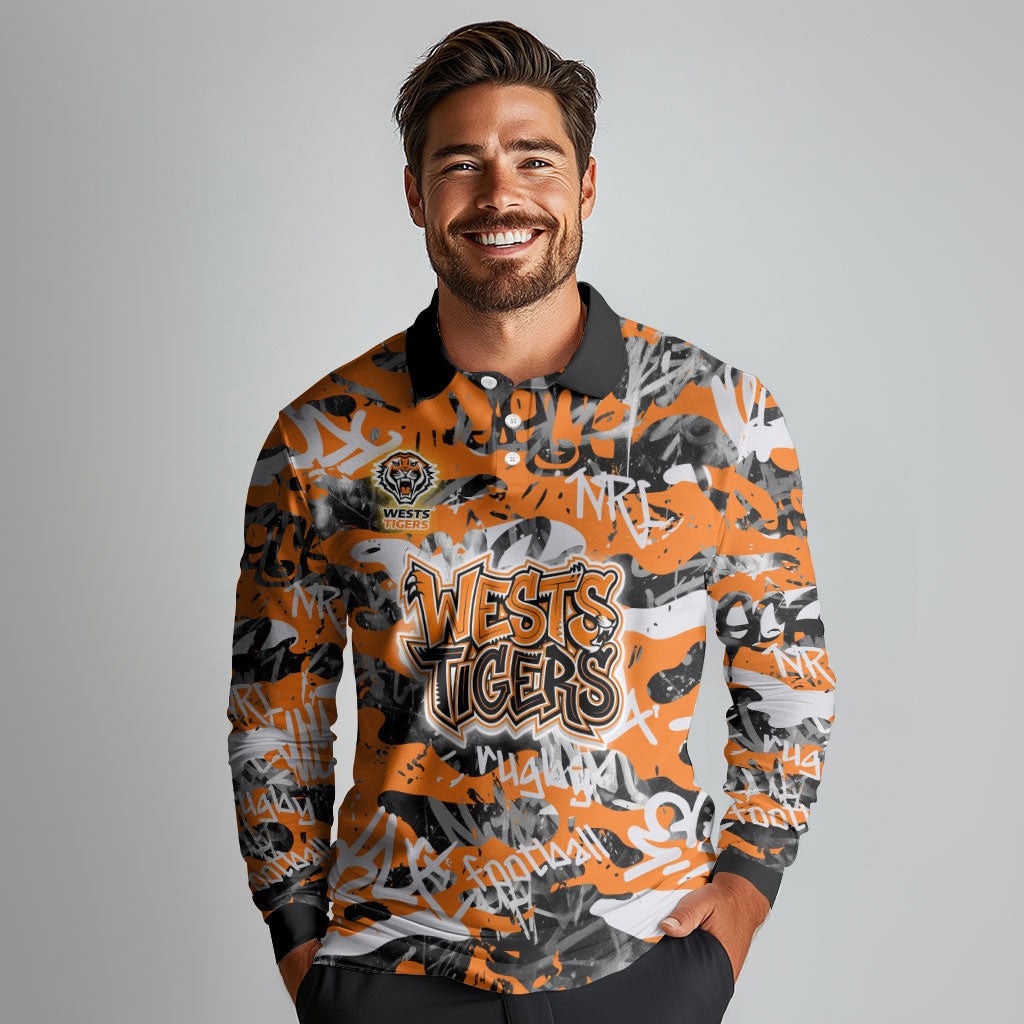 Wests Tigers Rugby Long Sleeve Polo Shirt Graffiti Typography Urban Camo Abstract Street Style