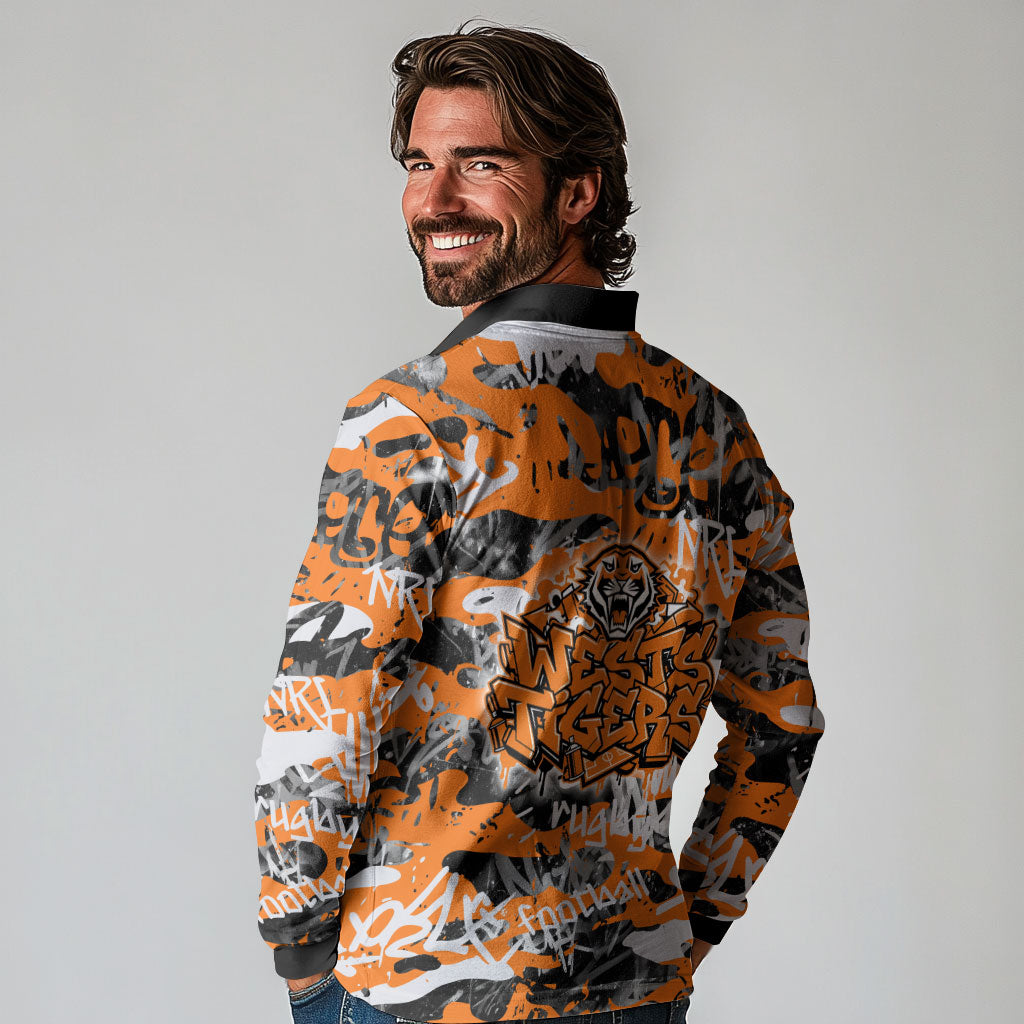 Wests Tigers Rugby Long Sleeve Polo Shirt Graffiti Typography Urban Camo Abstract Street Style