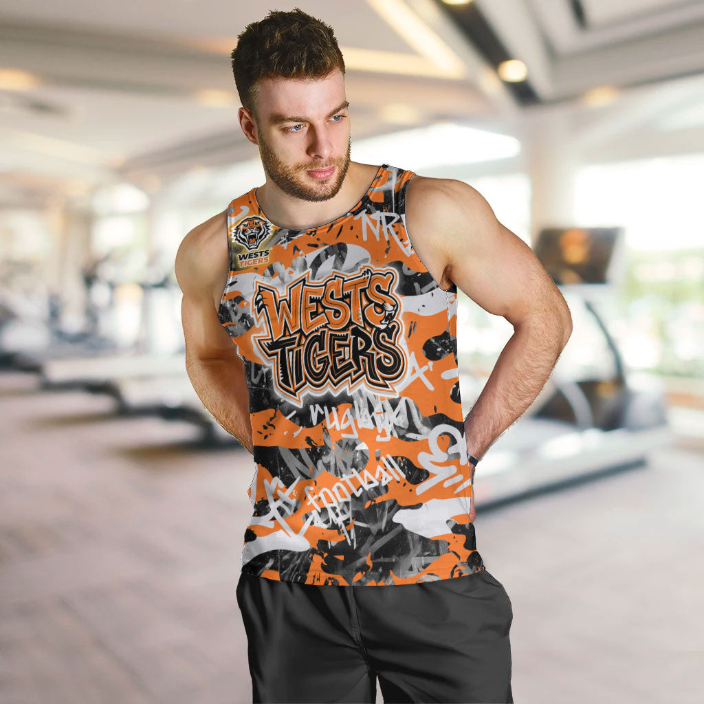 Wests Tigers Rugby Men Tank Top Graffiti Typography Urban Camo Abstract Street Style