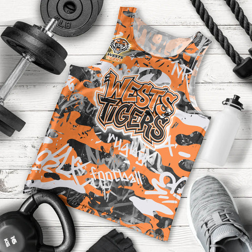 Wests Tigers Rugby Men Tank Top Graffiti Typography Urban Camo Abstract Street Style
