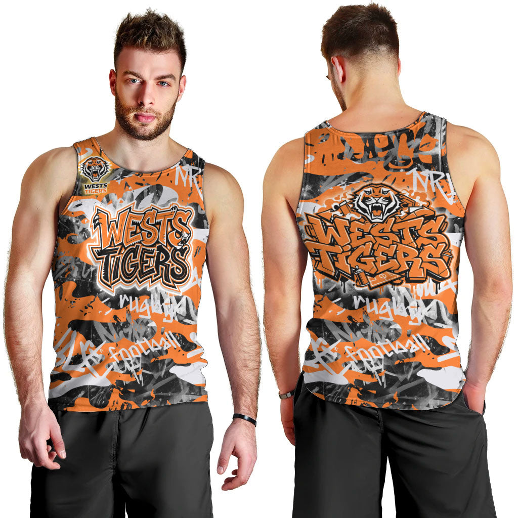 Wests Tigers Rugby Men Tank Top Graffiti Typography Urban Camo Abstract Street Style